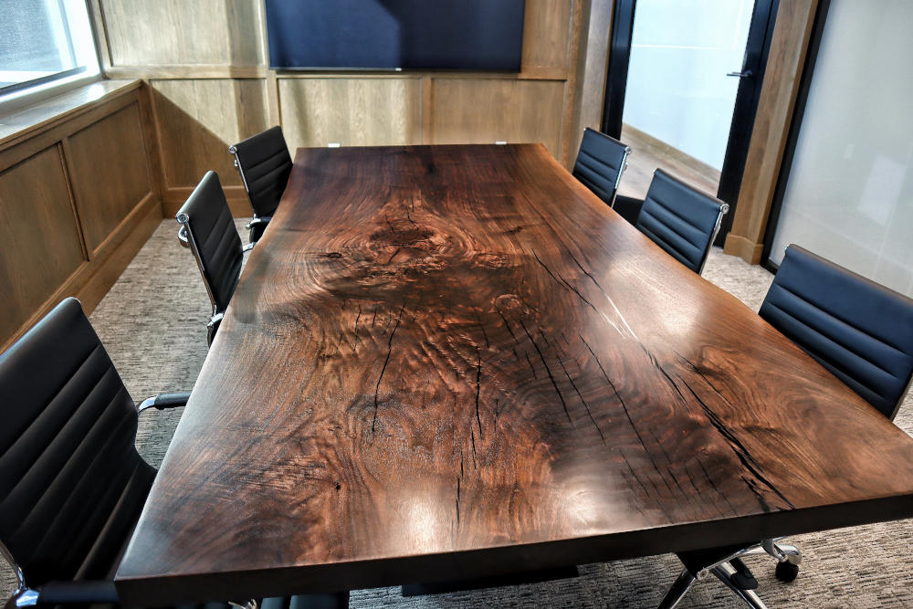 Redpoint Woodworks A One-of-a-Kind Conference Table Made From a Unique Walnut Slab